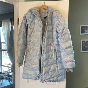 Lands' End Gray Puffer Jacket with Hood and Mid-Length Design